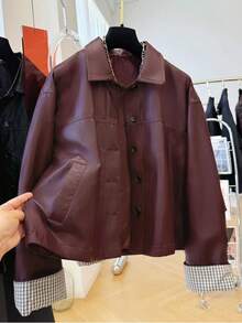 宽松休闲格子拼接PU皮领夹克