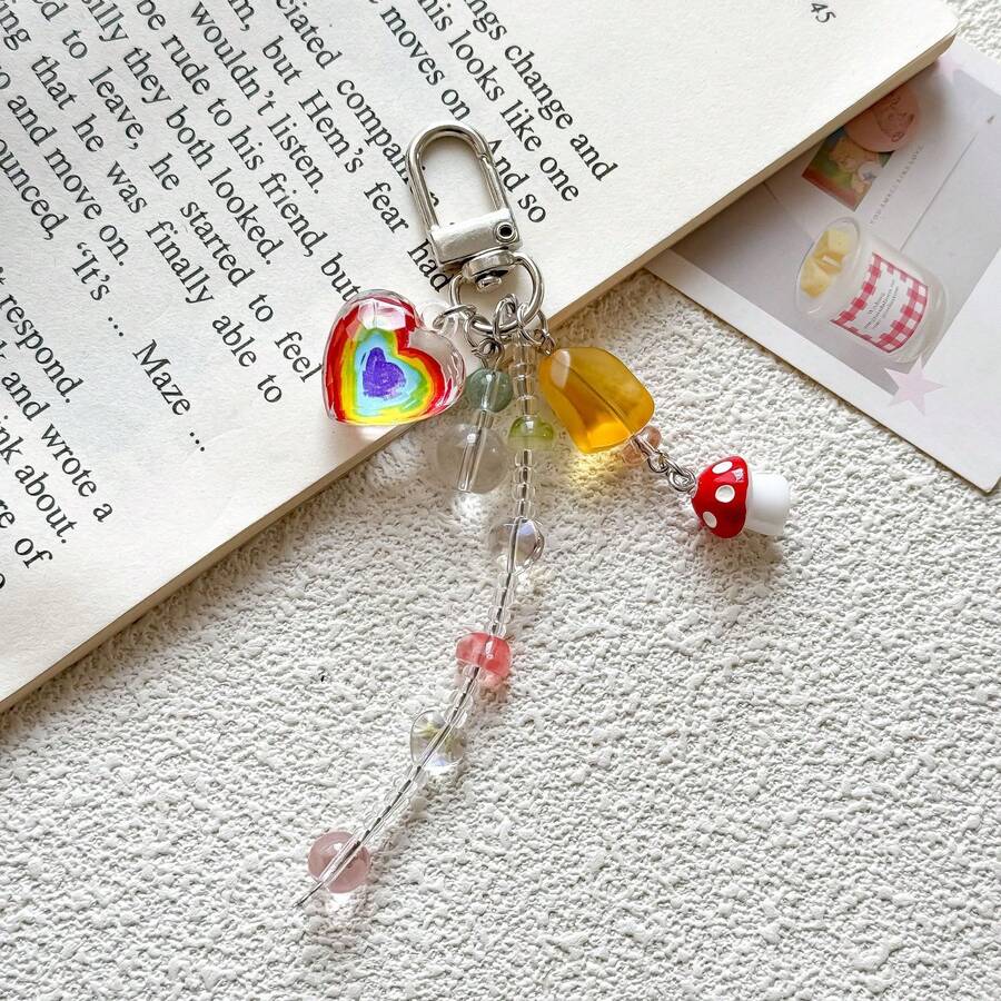 1pc Cute Mushroom Keychain Versatile Colorful Heart Beaded Phone Strap/Bag Charm Purse Charm Keyring Y2K - Multicolor - View 1