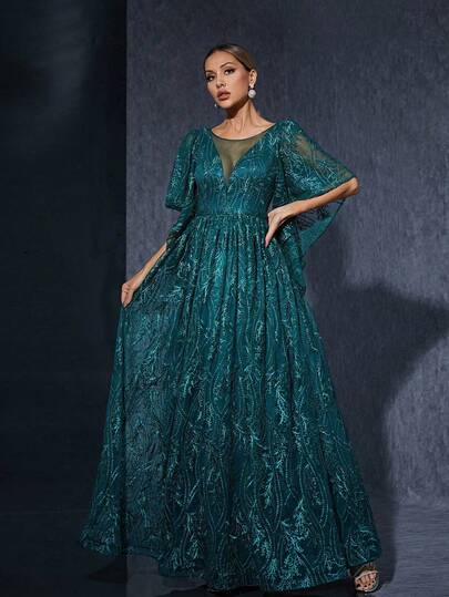 Round Neck, See-Through Embroidery With Lace, Mid-Length Sleeves, High-End Evening Gown.Elegant Dresses For Women