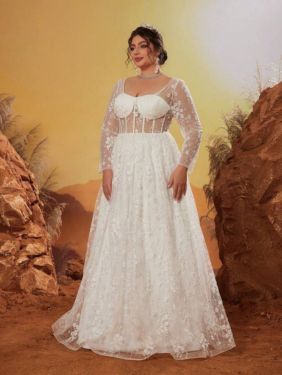 MGIACY 方领长袖胸罩式透视缎带编织刺绣蕾丝大摆婚纱 - 白色 - 查看 1