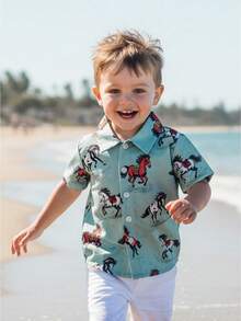 Baby Boys Western Shirts Short Sleeve Horse/Boots Print Button Down Shirts Toddler Summer Tops - Màu xanh lam - Xem 1
