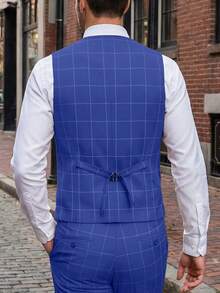 Mens 3 Pieces Suit Set Plaid Slim Fit  Checked Casual Tuxedo Formal Suits For Men Wedding Business Party Blazer Vest Pant - 寶藍色 - 查看 4