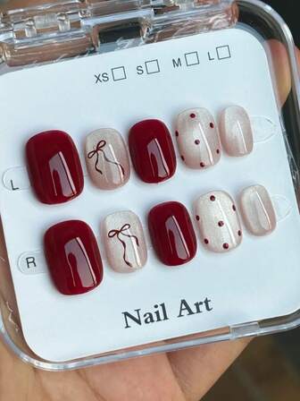 Valentine's Day Exquisite Sweet Cool Wind 10 Pieces Packed In Short Square Hand-Painted Exquisite Wearing A Hand-Painted Explosive Cat's Eye Sweet Cool Wine Red Pink Bow Polka Dot Small Steel Ball Fake Nails Jewelry Fingernail Set