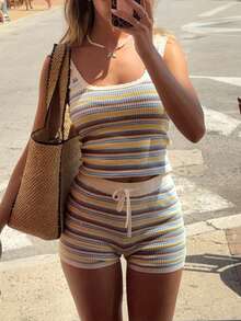 Conjunto de 2 piezas de top sin mangas acanalado y pantalones cortos de punto con cordón en la cintura, de estilo casual y versátil con rayas de colores, para primavera/verano - Multicolor - Ver 6