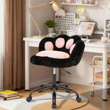 WARMTOBABY Cute Cat Paw Office Desk Chair With Wheels, 360° Adjustable Height Armless Chair, Plush Teddy Fleece Small Vanity Chair For Makeup Room, Bedroom, Home Office - 黑色 - 查看 2