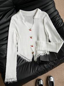 Women's Sweet Casual V-Neck Cherry Button Adorned Distressed Hem Sweater, Spring/Summer - White - View 2