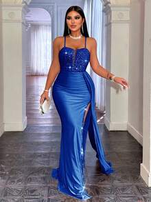 CHOSMO Plus Size Women's Shiny Elegant Party Mature Family Holiday Date Formal Evening Cocktail Gift Slip Dress - Blue - View 7