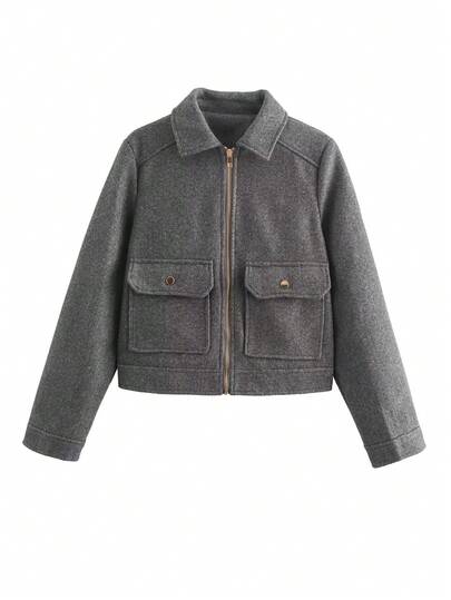 TRAFZA 女士优雅休闲粗花呢羊毛混纺外套，保暖宽松版型，纯色，春秋季