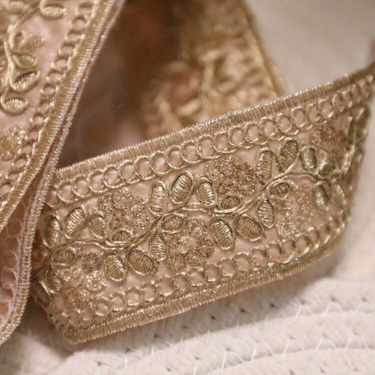 1pc 1/5 Yards 4cm Width Lace For Sewing Lace Trim Ribbon With Golden Sequins, Embroidered Fabric Webbing For DIY Clothing And Accessories - Available In Khaki, Bright Yellow, Light Green, Pink, Accessory Decoration | Ornate Embroidery | Intricate Retro Patterns, Lace Fabric Gift Wrapping, Bag Straps, Festival - Multicolor - View 10