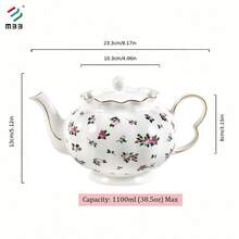 1个花卉图案茶壶，38盎司，白色壶身饰以粉色玫瑰和金色镶边，花卉陶瓷茶壶，1100毫升瓷质茶壶，适用于冲泡茶、咖啡、牛奶，适合办公室、家庭、男女使用，可作为礼物赠送，可用洗碗机清洗，优雅的春日花卉图案，适合日常使用，也是生日、新年、乔迁新居、情人节、母亲节和圣诞节的理想礼物。 - 彩色 - 查看 6