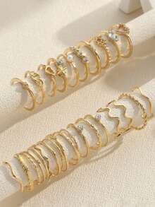 28pcs Heart Shaped, Geometric, Bohemian Style, Minimalist Rhinestone Heart Wave Rings, Geometric Combination Rings, Suitable For Girls Daily Wear, Dates, Parties - Gold - View 2
