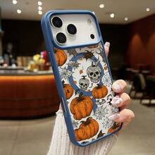 High-Quality Macaron Acrylic Magnetic Phone Case,Spooky Pumpkin & Skull Artwork Cell Phone Shell Design Magnetic Charging Phonecase Handy Case, Handy Cover For  11 12 13 14 15 16 17 17 Air 17 Pro 17 Pro Max Shock Resistant Protective Case - Negro - Ver 10
