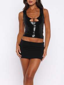 Womens Leopard Print Tank Top Sleeveless Sequin Crop Tops Party Club Sexy Y2K V Neck Halter Top - màu đen - Xem 3