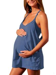 Maternity Womens Athletic Sleeveless Mini Dress Hot Shot Casual Dresses Spaghetti Strap Nursing Dresses Built In Shorts - 藏蓝色 - 查看 2
