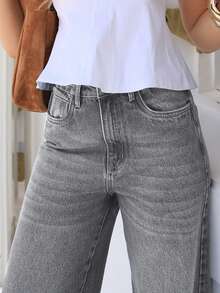 Women's Loose Casual Straight Leg Jeans With Pockets, Simple Washed Denim Pants, Suitable For Summer Wear And Also A Must-Have Item For Halloween Spring - Light Grey - View 5