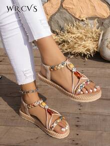 WRCVS Sandal màu be, sandal đế bằng nữ, dệt, nhẹ, chống trơn trượt, giày đi biển, đế dây gai giả, họa tiết hoa văn cổ điển ngẫu nhiên, phong cách Bohemian, mũi tròn, sandal học sinh. - Màu be - Xem 5