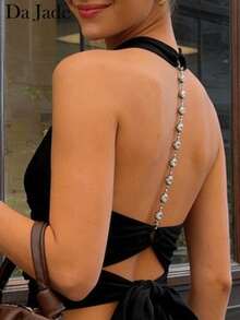 Da Jade Women's Solid Color Fashionable V-Neck Fitted Backless Cropped Tank Top - Black - View 6