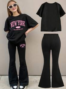 少女字母印花短袖T恤搭配修身喇叭裤休闲装 - 黑色 - 查看 2