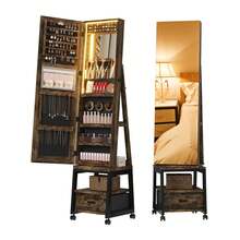 Joyero giratorio de 360° con luz LED, espejo de cuerpo entero giratorio de 167 cm con espacio de almacenamiento y cajón, organizador de joyas con cerradura para niñas y mujeres, color marrón rústico. - Marrón - Ver 3