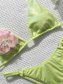 Women's Solid Shiny Fabric Sexy Backless Tie-Up 3D Floral Bikini Set, Suitable For Beach, Pool, And Holiday Wear In Spring/Summer Vacation - Lime Green - View 4
