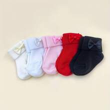 5双装婴儿纯色短袜，新年袜，经典红、黑、白、粉、米色，饰有蝴蝶结，色彩鲜艳，柔软舒适，适合春、夏、秋季日常穿着，适合0-3岁宝宝，节日袜，精美礼物，情人节袜 - 彩色 - 查看 8