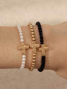 3 Piecesretro Minimalist Cross Pendant Stretch Bracelet - Perfect For Daily Wear Or As A Valentine's Day Or Mother's Day Gift - Multicolor - View 5