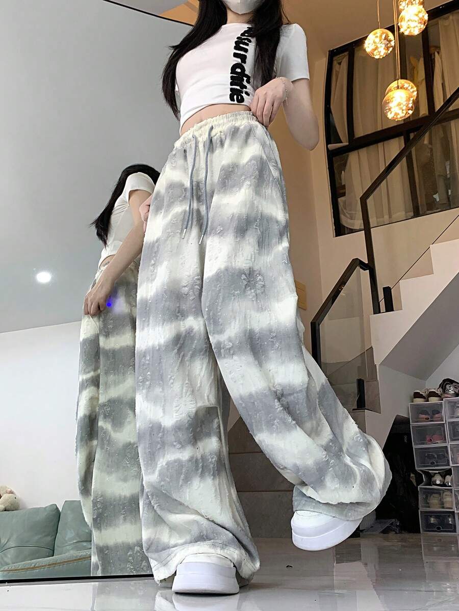 Pantalones anchos de mujer con cintura con cordón y bolsillos, tela teñida sin estiramiento - Gris Claro - Ver 1