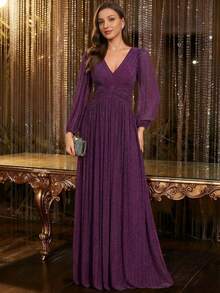 Đầm dạ hội dài tay phồng cổ chữ V sâu màu tím bóng, trang trọng, thích hợp cho đám cưới, tiệc tùng và các dịp năm mới. - Màu tím - Xem 10