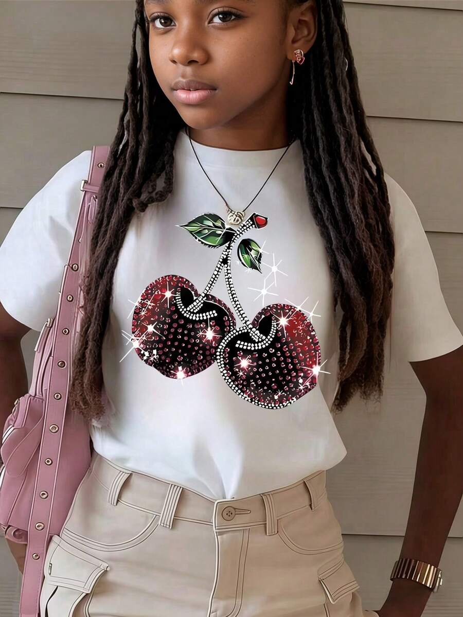 Tween Girls' Cherry Print Round Neck Casual Everyday Short Sleeve T-Shirt - White - View 1