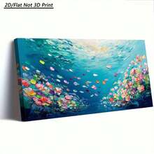 [2D Flat]1 Piece Large Frame Canvas Painting Art Print, Underwater Scene With Colorful Fish And Vibrant Water Flowers, Abstract Brushstrokes, Blue Ocean Background, High Quality Wall Art Printed Poster Can Be Hung Directly For Living Room - 多色 - 查看 14