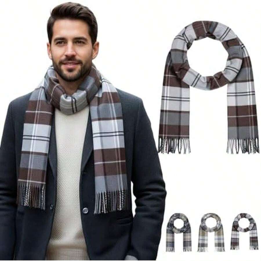 Bufanda Hombre, Bufandas para Hombre a Cuadros, Bufandas Térmicas de Invierno, Perfecto para Otoño, Invierno, Clima Frío y Regalos de Navidad (30 x 180 CM con Borlas) - Marrón - Ver 1
