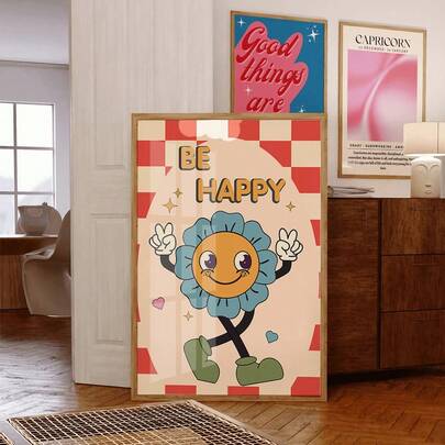 1PC Be Happy Wall Art Poster With Smiling Flower Illustration, Retro Style Decorative Print For Home Wall Decor, Unframed