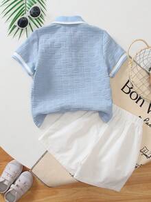 2pcs/Set Boys' Casual Outfit, Includes Light Blue Polo Shirt Short Sleeve Top And White Shorts, Summer 2026 New Arrival - Blue - View 6