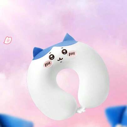 Miniso Chiikawa Hachiware U-formad kudde blå-vit söt design långsamt återhämtande nackkudde med minnesskummaterial för affärsresor, resor och kontorslur (1 st)