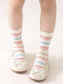 5 Pasang Kaos Kaki Lantai Anak dengan Motif Kelinci & Bunga 3D, Sol Anti Selip, Bagian Bawah Lembut, Kaos Kaki Setengah Betis Bergaris untuk Anak Laki-laki, Perempuan, Balita, dan Bayi - MultiWarna - View 5
