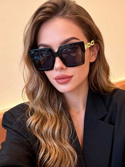 1 pieza Gafas de moda de mujer con marco cuadrado grande y cadena clásica, accesorio para viajes al aire playa, regalo básico de negocios casuales para mujer en otoño/invierno, adecuado para playa y viajes al aire libre en verano