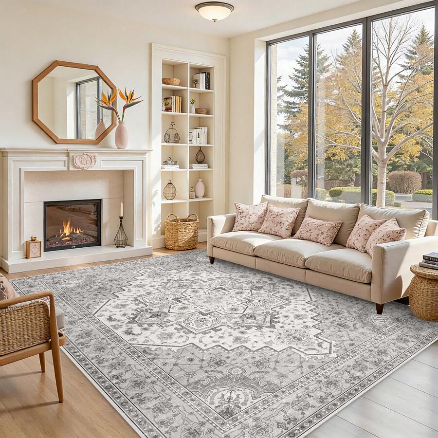 WISH TREE Alfombra moderna de patchwork geométrico, alfombra grande naranja moderna, alfombras decorativas contemporáneas para sala de estar, dormitorio, entrada, comedor, oficina, alfombra lavable. - Boho gris - Ver 1