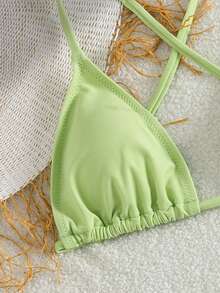 New Fresh And Simple Style Green Lace-Up Back Fashion Holiday Beach Ladies Bikini Three Pieces Set - Lime Green - View 6