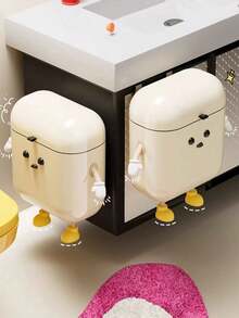 Cute Cartoon Design Wall-Mounted Kitchen Trash Can With Lid, Durable Plastic Trash Can, Sealed Odor-Proof Technology, Space-Saving Rectangular Trash Container, Suitable For Home, Bathroom - No Electricity Required