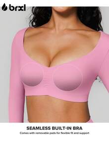 BRXL Long Sleeve Crop Tops For Women Built In Bra Padded Yoga Shirts Deep V Neck Buttery Soft Slim Fit Workout Pilates Gym - 粉色 - 查看 5