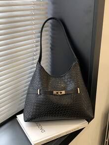 Women's Black Woven Texture Hobo Bag - Stylish Gold-Tone Buckle Detail, Single Shoulder Strap, Spacious Capacity, Elegant Minimalist Design For Daily & Office Use.