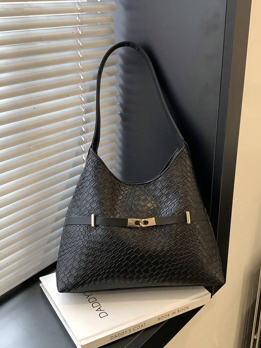 Women's Black Woven Texture Hobo Bag - Stylish Gold-Tone Buckle Detail, Single Shoulder Strap, Spacious Capacity, Elegant Minimalist Design For Daily & Office Use.