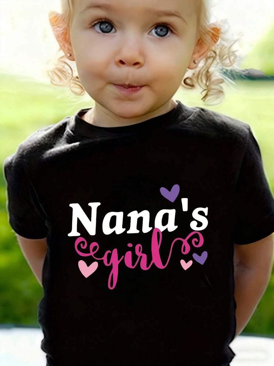A Casual, Fashionable, And Comfortable Short Sleeved Baby Girl T-Shirt With White Font And Pink Decorative Line Print Pattern, Suitable For Nana's Daily Interactions And Family Leisure, Easily Creating A Sweet And Warm Outfit - 黑色 - 查看 1