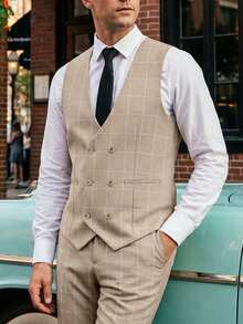 Mens 3 Pieces Suit Set Plaid Slim Fit  Checked Casual Tuxedo Formal Suits For Men Wedding Business Party Blazer Vest Pant - Beige - View 2