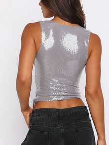 Womens Leopard Print Tank Top Sleeveless Sequin Crop Tops Party Club Sexy Y2K V Neck Halter Top - Silver - View 6