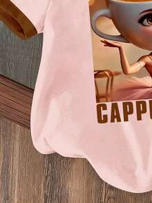 女童字母卡通印花圆领短袖休闲百搭T恤 - 粉色 - 查看 5