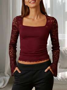 Women Lace Long Sleeve Shirt Top Y2K Square Neck Sheer Mesh See Through Silm Fit T Shirts Crop Tops Spring Fall  Going Out Tops Daily Party Club Streetwear - 紅色 - 查看 2