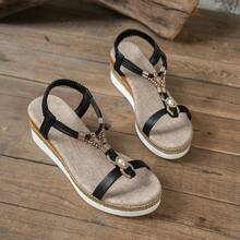 Women's Fashion 2026 Summer Vacation Style Black Beaded Linen Rope Sole 5.5CM Slip-On Sandals, Women's Retro Wedge Thick Bottom Bohemian Woven Slip-On Sandals - Black - View 13