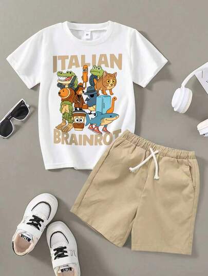 Young Boy Cartoon Print Short Sleeve T-Shirt And Shorts, Summer Casual