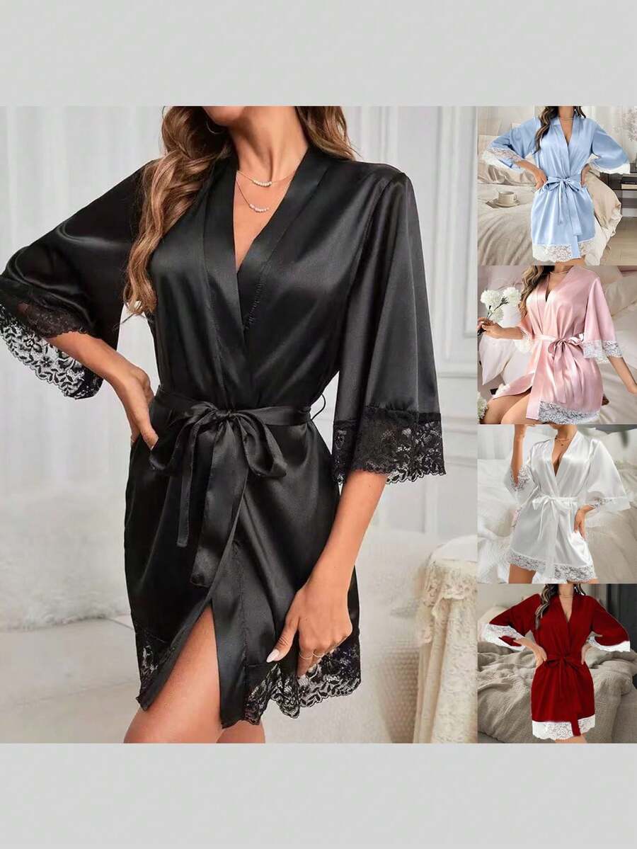 Satin Lace Trim Women's Robe, Bridal Robe Bridesmaid Gift, Lace Tie Waist Casual Robe, Summer Robe, Back To School Robe - Black - View 1